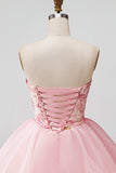 Pink A-Line Strapless Floral Sequins Short Formal Dress