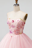 Pink A-Line Strapless Floral Sequins Short Formal Dress