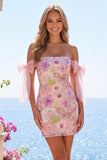 Off the Shoulder Pink Bodycon Floral Sequins Homecoming Dress with Bow