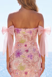 Off the Shoulder Pink Bodycon Floral Sequins Homecoming Dress with Bow