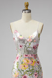 Sparkly Ivory Spaghetti Straps Bodycon Floral Sequins Short Formal Dress