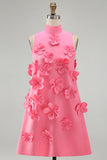 Hot Pink High Neck A-Line Short Formal Dress with 3D Flowers