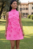 Hot Pink High Neck A-Line Short Formal Dress with 3D Flowers