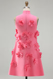 Hot Pink High Neck A-Line Short Formal Dress with 3D Flowers