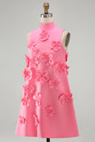 Hot Pink High Neck A-Line Short Formal Dress with 3D Flowers