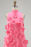 Hot Pink High Neck A-Line Short Formal Dress with 3D Flowers
