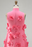 Hot Pink High Neck A-Line Short Formal Dress with 3D Flowers
