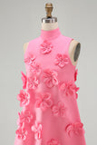 Hot Pink High Neck A-Line Short Formal Dress with 3D Flowers