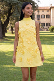 Hot Pink High Neck A-Line Short Formal Dress with 3D Flowers