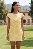 Yellow Round Neck Bodycon Short Formal Dress with 3D Flowers