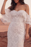 Off The Shoulder Ivory Lace Mermaid Boho Wedding Dress
