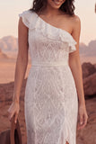 One Shoulder Lace Ivory Mermaid Ruffled Boho Wedding Dress