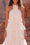 Halter Ruffled Ivory A Line Boho Wedding Dress