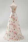 Ivory Floral A Line V Neck Wedding Dress
