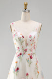 Ivory Floral A Line V Neck Wedding Dress