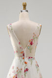 Ivory Floral A Line V Neck Wedding Dress