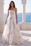 Strapless A Line Ivory Printed Floral Wedding Dress with Chapel Train