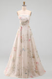 Strapless A Line Ivory Printed Floral Wedding Dress with Chapel Train