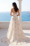 Strapless A Line Ivory Printed Floral Wedding Dress with Chapel Train