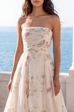 Strapless A Line Ivory Printed Floral Wedding Dress with Chapel Train