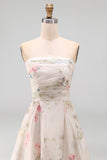 Strapless A Line Ivory Printed Floral Wedding Dress with Chapel Train