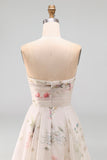 Strapless A Line Ivory Printed Floral Wedding Dress with Chapel Train