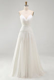 Ivory A Line Ruched V-Neck Sweep Train Beach Wedding Dress with Pearls