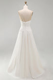Ivory A Line Ruched V-Neck Sweep Train Beach Wedding Dress with Pearls