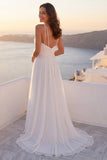 Ivory A Line Ruched V-Neck Sweep Train Beach Wedding Dress with Pearls