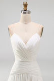 Ivory A Line Ruched V-Neck Sweep Train Beach Wedding Dress with Pearls