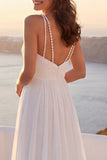 Ivory A Line Ruched V-Neck Sweep Train Beach Wedding Dress with Pearls