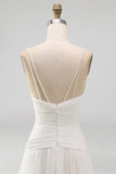Ivory A Line Ruched V-Neck Sweep Train Beach Wedding Dress with Pearls