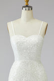 Tight Short Sparkly Ivory Spaghetti Straps Beaded Wedding Dress with Fringes