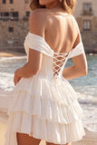 Ruffled Off the Shoulder A Line Short Ivory Corset Graduation Dress with Bow