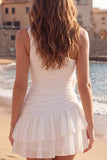 Ruffled One Shoulder Short Ivory Ruched Graduation Dress with 3D Flowers