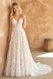 Lace Ivory Spaghetti Straps A Line Sweep Train Wedding Dress