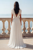 Ivory V-Neck Ruffled A Line Chiffon Wedding Dress with Slit