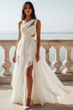 One Shoulder Cut Out Ivory A Line Ruffled Chiffon Wedding Dress