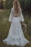 Lace Ivory V-Neck Ruffled A Line Long Sleeve Boho Wedding Dress