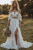 Off The Shoulder Lace Ivory A Line Ruffled 2-piece Boho Wedding Dress