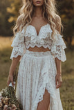 Off The Shoulder Lace Ivory A Line Ruffled 2-piece Boho Wedding Dress