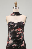 Black Mermaid Sweetheart Floral Ruched Chiffon Long Formal Dress with Slit