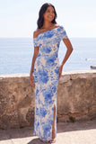Blue Flower Mermaid Off the Shoulder Maxi Wedding Guest Dress with Slit