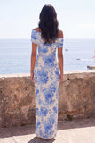 Blue Flower Mermaid Off the Shoulder Maxi Wedding Guest Dress with Slit