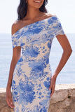 Blue Flower Mermaid Off the Shoulder Maxi Wedding Guest Dress with Slit