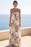 A-Line Sweetheart Ivory Chiffon Pleated Maxi Floral Wedding Guest Dress