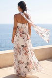 A-Line Sweetheart Ivory Chiffon Pleated Maxi Floral Wedding Guest Dress
