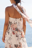 A-Line Sweetheart Ivory Chiffon Pleated Maxi Floral Wedding Guest Dress