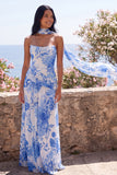 Blue Flower A-Line Strapless Chiffon Maxi Wedding Guest Dress