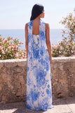 Blue Flower A-Line Strapless Chiffon Maxi Wedding Guest Dress